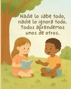 Ilustración en tonos cálidos que muestra a dos niños sentados en el césped bajo la sombra de un árbol. Uno de ellos sostiene un libro abierto mientras el otro gesticula con la mano, entablando una conversación. En la parte superior, el texto dice: "Nadie lo sabe todo, nadie lo ignora todo. Todos aprendemos unos de otros".