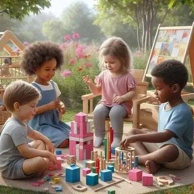 Cuatro niños de diversas etnias jugando con bloques de madera de colores en un jardín soleado, fomentando la creatividad y el aprendizaje.